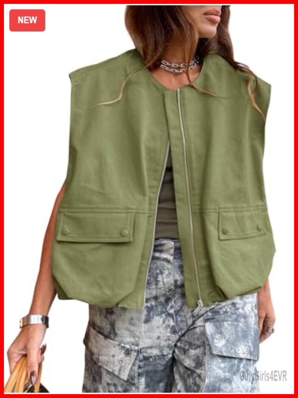 Womens Casual Zip Up Vest Cargo Oversized Ruched Hem Sleeveless Blazer Jacket
